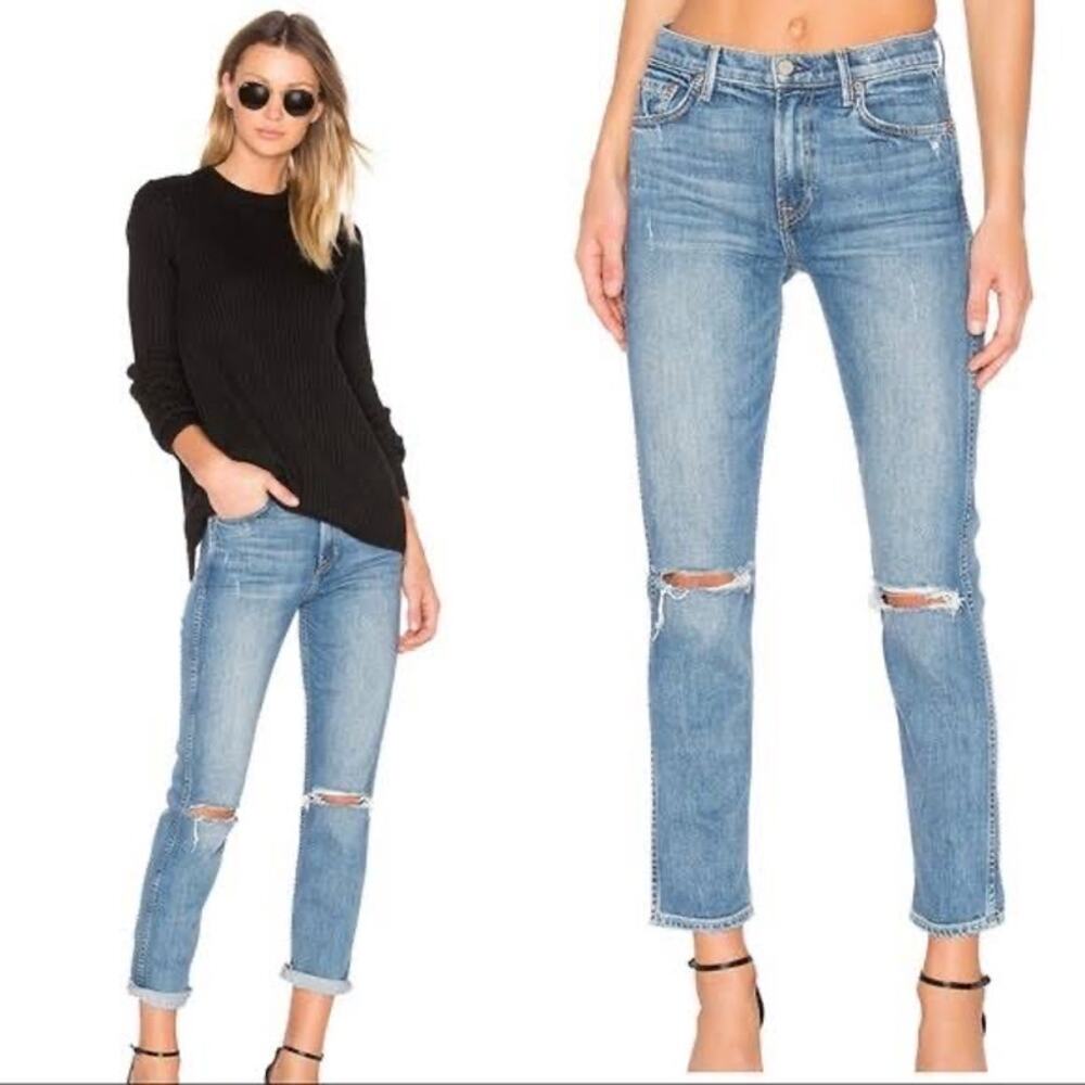 GRLFRND Naomi High Rise Ripped Knee Raw‎ Hem Denim Blue Jeans Size 28